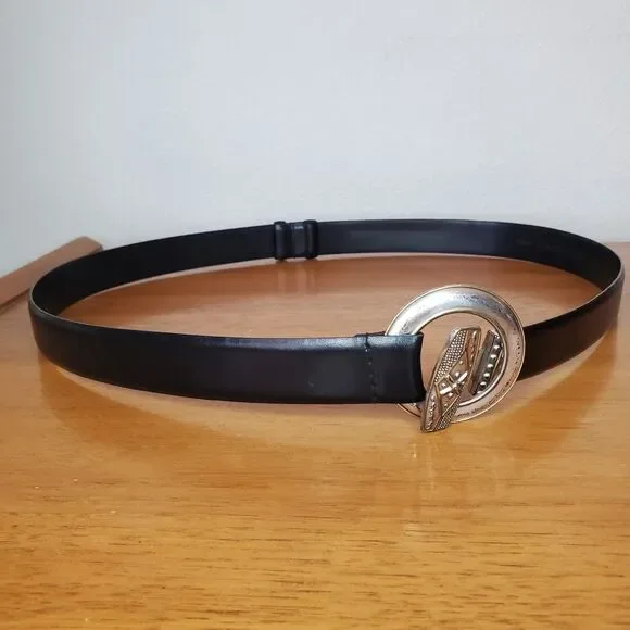 Chico’s Black Genuine Leather Belt SM Silver Round Medallion Buckle Boho Tribal Chico main image 2